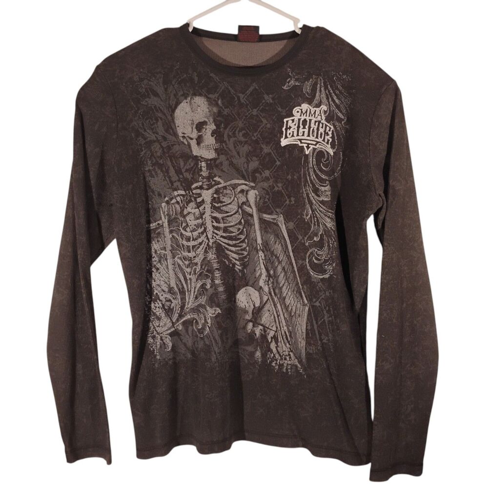 MMA Elite thermal tshirt XL XLarge gray mens waffle knit skull graphic Y2K 90's